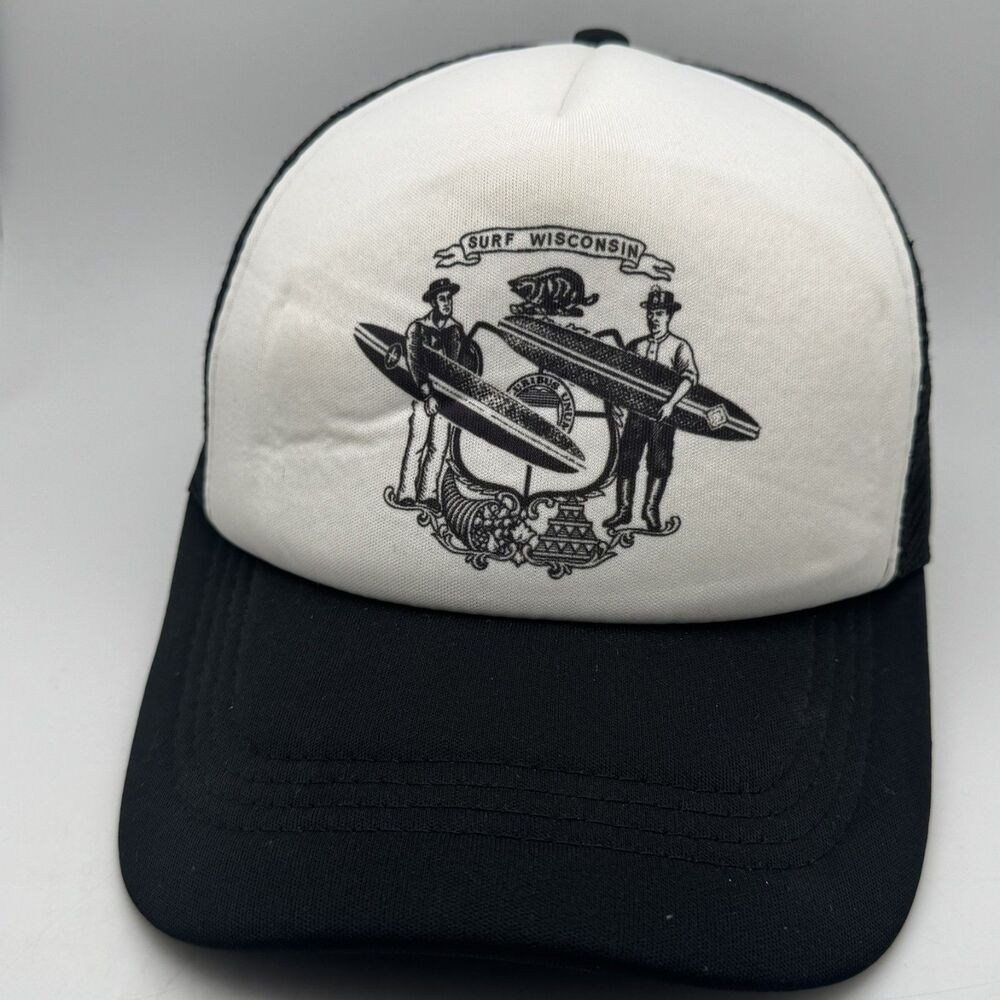 Surf Wisconsin Trucker Hat Cap State Seal Surfers Black White Mesh Snapback
